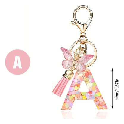 A-Z Dreamy Sequin Letters Keychain for Women Tassel Butterfly Pendant Initial Keyring Purse Suspension Bags Charms Car Key Chain
