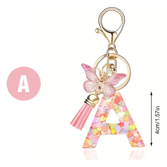 A-Z Dreamy Sequin Letters Keychain for Women Tassel Butterfly Pendant Initial Keyring Purse Suspension Bags Charms Car Key Chain