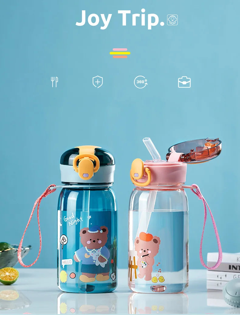 Sports Water Bottle Kids Water Sippy Cup with Straw Cartoon Leakproof Water Bottles Outdoor Portable Drink Bottle Children's Cup