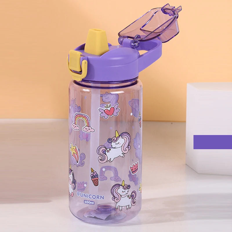 600ML Children Cartoon Animal Water Bottle Cup with Straw Portable Student Anti-falling Water Bottle Toddlers Beverage Kettle