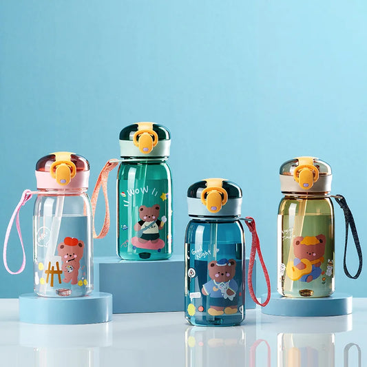 Sports Water Bottle Kids Water Sippy Cup with Straw Cartoon Leakproof Water Bottles Outdoor Portable Drink Bottle Children's Cup