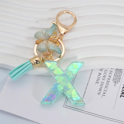 Fashion Green Tassel Butterfly 26Letter Keychain Heart-shaped Sequin Filled Resin Alphabet Keyring for Women Car Handbag Pendant