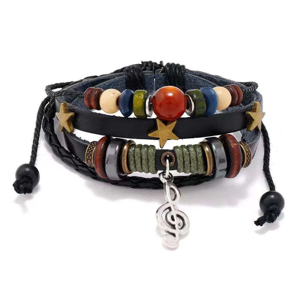 Handmade Hippie Design Brown Leather Bracelet Women Metal Star Note Charms Wood Button Beads Wrap Unisex Adjustable Bracelet