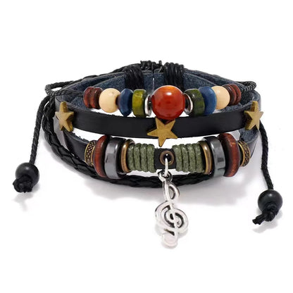 Handmade Hippie Design Brown Leather Bracelet Women Metal Star Note Charms Wood Button Beads Wrap Unisex Adjustable Bracelet