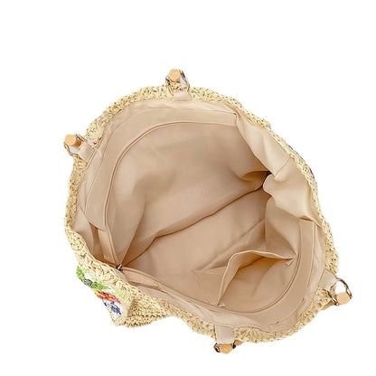 Bohemian Granny Square Straw Tote Bag Bamboo Handle Weave Women Handbags Casual Handmade Summer Beach Bags Large Capacity Purses