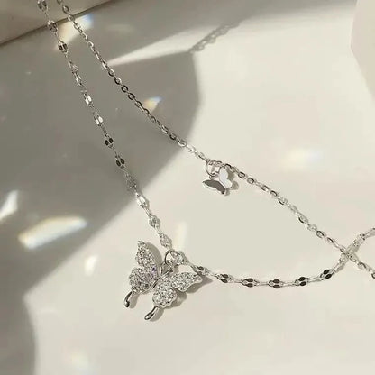 New 925 Sterling Silver Shiny Butterfly Pendent Necklace Women Exquisite Double Layer Clavicle Chain Necklace Jewelry Gift