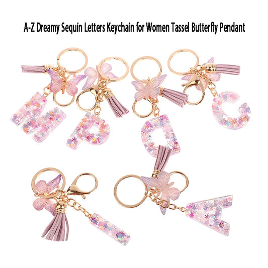 A-Z Dreamy Sequin Letters Keychain For Women Tassel Butterfly Pendant Initial Keyring Purse Suspension Bags Charms Car Key Chain