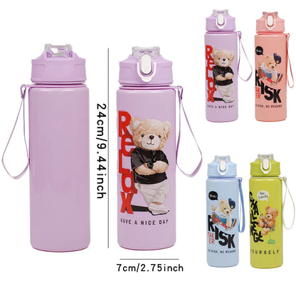Cute Bear Cartoon Water Bottle 750ML with Straw Leak-Proof Portable Handle for Kids Ideal for Outdoor Activities Drink Bottle