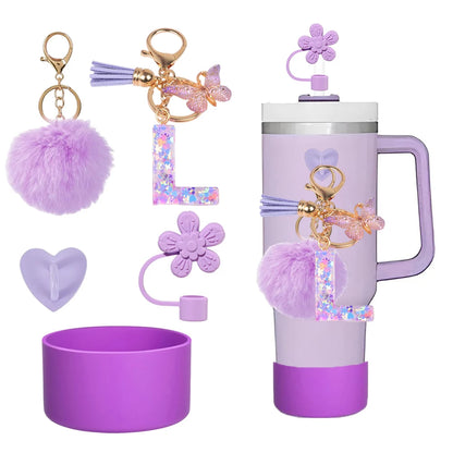 5pcs Accessories Set For Stanley Tumbler with Handle Resin Alphabet Initial Letter Keychain Keyring for Women Purse Handbags