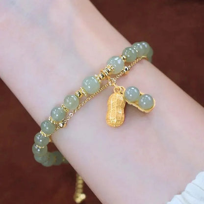 Chinese Style Green Hetian Jade Bracelet For Women Vintage Gold Color Leaves Double Layer Beaded Bracelet Jewelry Gifts