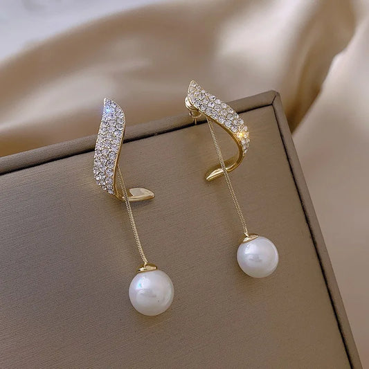 2Pcs New Classic Elegant Imitation Pearl Dangle Earrings For Women, Crystal Long Tassel Exquisite Drop Earring Wedding Jewelry