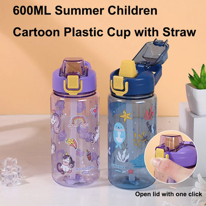 600ML Children Cartoon Animal Water Bottle Cup with Straw Portable Student Anti-falling Water Bottle Toddlers Beverage Kettle