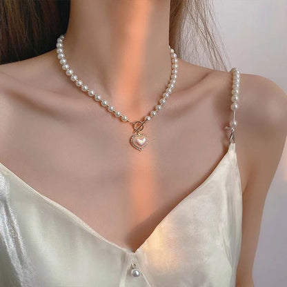 Korean Elegant Big White Imitation Pearl Bead Necklace for Women Heart Shaped Necklace Sweet Wedding Party Jewelry Girls Gifts