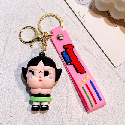 The Powerpuff Girls Creative Keychain for Women Men Fans Cartoon Cute Silicone Doll Pendant Keyring Gifts Keys Holder