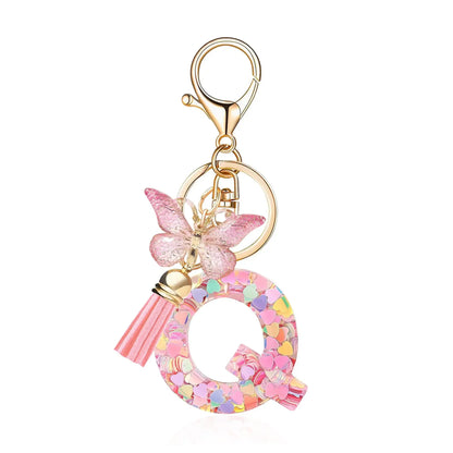 A-Z Dreamy Sequin Letters Keychain for Women Tassel Butterfly Pendant Initial Keyring Purse Suspension Bags Charms Car Key Chain