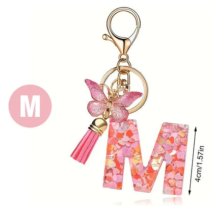A-Z Dreamy Sequin Letters Keychain for Women Tassel Butterfly Pendant Initial Keyring Purse Suspension Bags Charms Car Key Chain