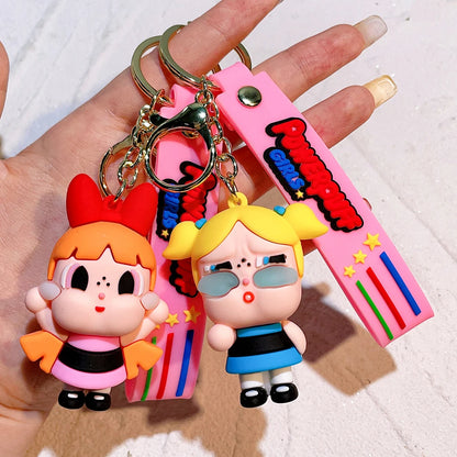 The Powerpuff Girls Creative Keychain for Women Men Fans Cartoon Cute Silicone Doll Pendant Keyring Gifts Keys Holder