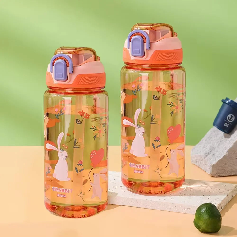 600ML Children Cartoon Animal Water Bottle Cup with Straw Portable Student Anti-falling Water Bottle Toddlers Beverage Kettle