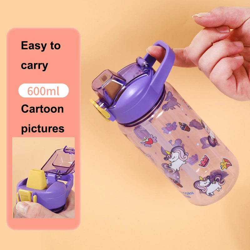 600ML Children Cartoon Animal Water Bottle Cup with Straw Portable Student Anti-falling Water Bottle Toddlers Beverage Kettle