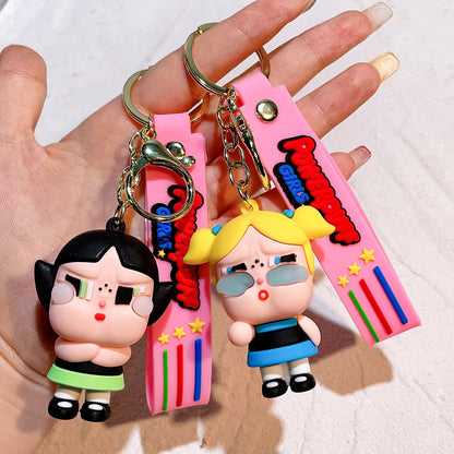The Powerpuff Girls Creative Keychain for Women Men Fans Cartoon Cute Silicone Doll Pendant Keyring Gifts Keys Holder
