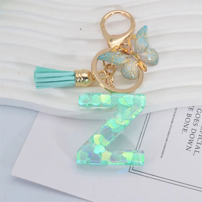 Fashion Green Tassel Butterfly 26Letter Keychain Heart-shaped Sequin Filled Resin Alphabet Keyring for Women Car Handbag Pendant