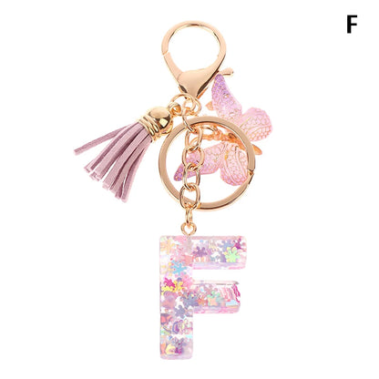 A-Z Dreamy Sequin Letters Keychain For Women Tassel Butterfly Pendant Initial Keyring Purse Suspension Bags Charms Car Key Chain
