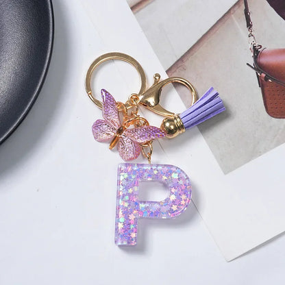 Cute Butterfly Tassel Letter Keychain Purple Stars Sequins Filled Resin A to Z Letter Keyring for Women Purse Charm Festive Gift