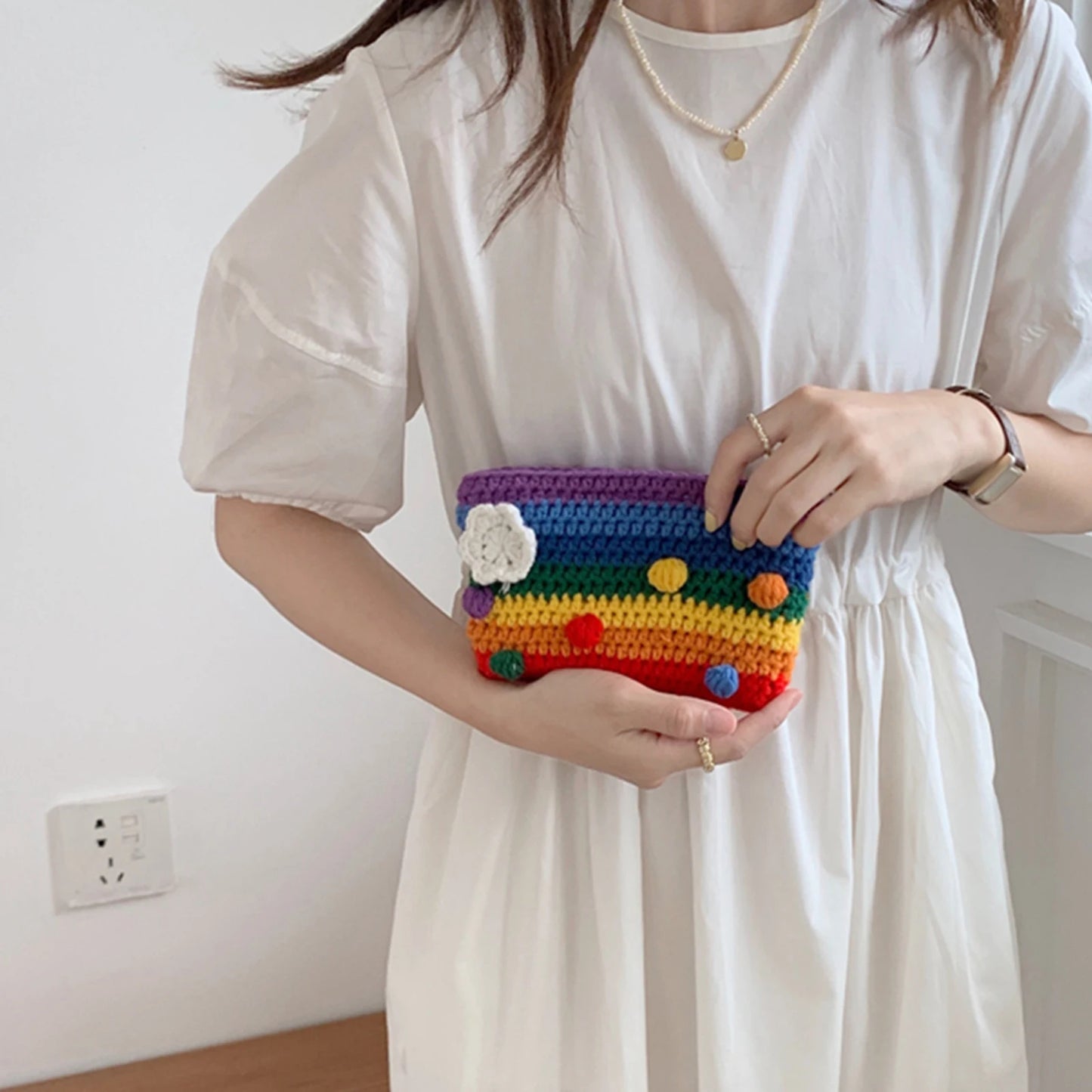 Rainbow Wallet Change Purse Handbag Card Holder Handmade Clutch Pouch Phone Pouch Small Knitted Coin Purse for Woman Gift