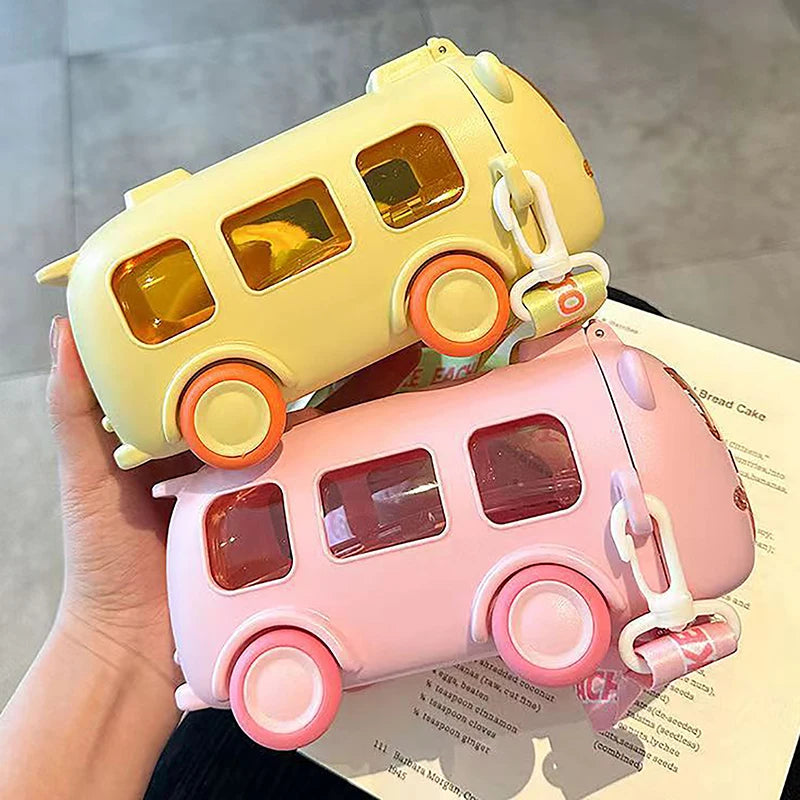500ml Cute Portable Water Bottle With Shoulder Strap Kids Car Straw Water Cup Bus Shape Children's Water Bottle Drinking Cup
