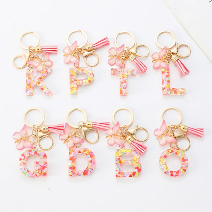 A-Z Dreamy Sequin Letters Keychain for Women Tassel Butterfly Pendant Initial Keyring Purse Suspension Bags Charms Car Key Chain