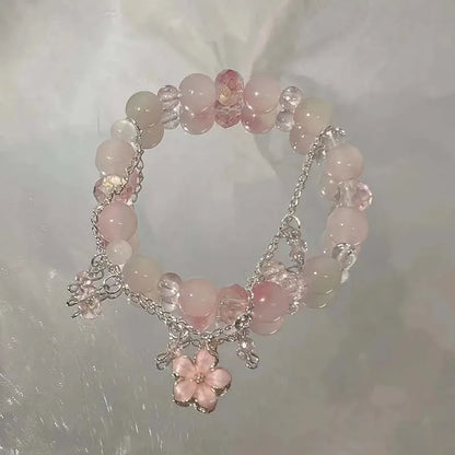 Korean Pink Crystal Flowers Butterfly Pendant Beaded Bracelet For Women Sweet Beaded Chain Bracelet Jewelry Gifts