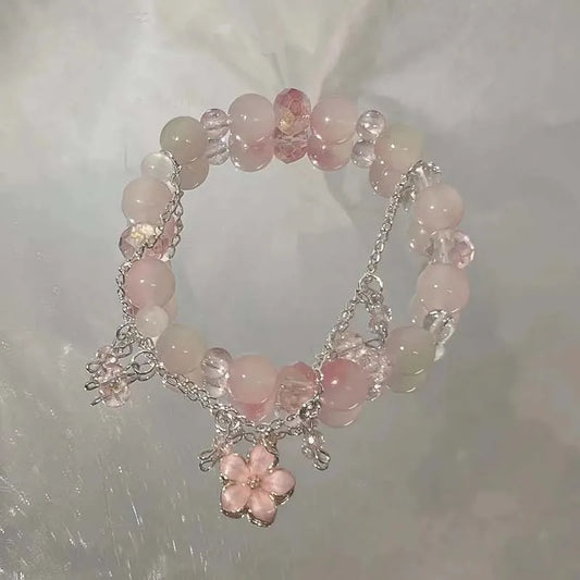 Korean Pink Crystal Flowers Butterfly Pendant Beaded Bracelet For Women Sweet Beaded Chain Bracelet Jewelry Gifts