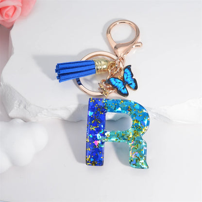 26 English Alphabet Letter Tassels Keychain Crystal Acrylic Butterfly Pendent Key Chain Women Gift Fashion Jewelry Accessories