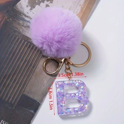 A-Z 26 Alphabet Letter keychain resin star sequin key ring cute purple plush ball keychain women's bag pendant fashion gift