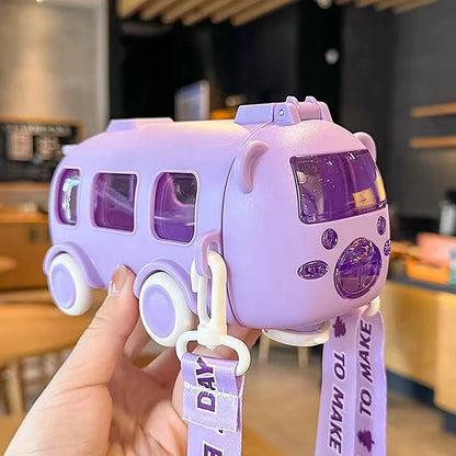 500ml Cute Portable Water Bottle With Shoulder Strap Kids Car Straw Water Cup Bus Shape Children's Water Bottle Drinking Cup