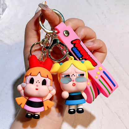 The Powerpuff Girls Creative Keychain for Women Men Fans Cartoon Cute Silicone Doll Pendant Keyring Gifts Keys Holder