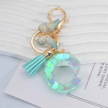 Fashion Green Tassel Butterfly 26Letter Keychain Heart-shaped Sequin Filled Resin Alphabet Keyring for Women Car Handbag Pendant