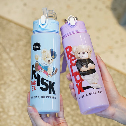 Cute Bear Cartoon Water Bottle 750ML with Straw Leak-Proof Portable Handle for Kids Ideal for Outdoor Activities Drink Bottle