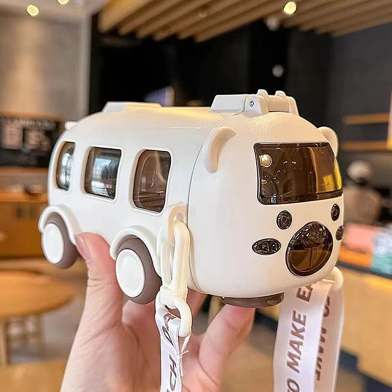 500ml Cute Portable Water Bottle With Shoulder Strap Kids Car Straw Water Cup Bus Shape Children's Water Bottle Drinking Cup