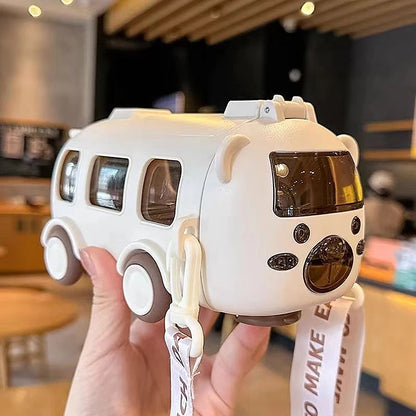 500ml Cute Portable Water Bottle With Shoulder Strap Kids Car Straw Water Cup Bus Shape Children's Water Bottle Drinking Cup