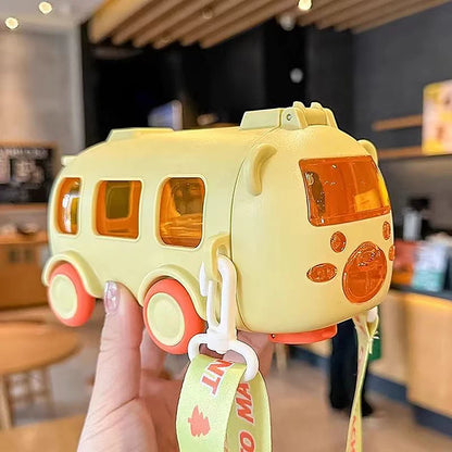 500ml Cute Portable Water Bottle With Shoulder Strap Kids Car Straw Water Cup Bus Shape Children's Water Bottle Drinking Cup
