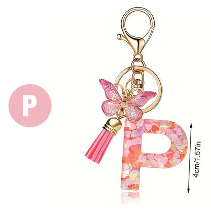 A-Z Dreamy Sequin Letters Keychain for Women Tassel Butterfly Pendant Initial Keyring Purse Suspension Bags Charms Car Key Chain