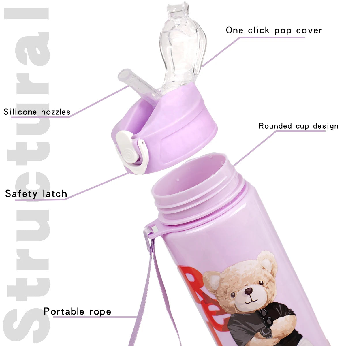 Cute Bear Cartoon Water Bottle 750ML with Straw Leak-Proof Portable Handle for Kids Ideal for Outdoor Activities Drink Bottle