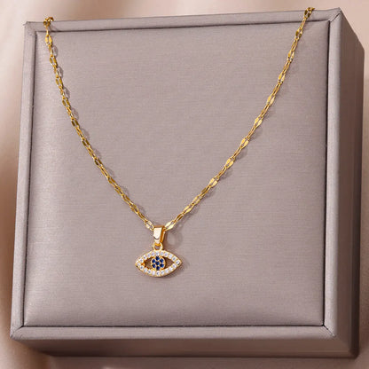 Trend Zircon Devil's Eye Pendant Necklace For Women Gold Color Stainless Steel Double Layer Lip Chain Choker Jewelry Wholesale