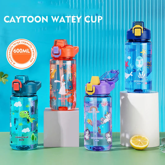 600ML Children Cartoon Animal Water Bottle Cup with Straw Portable Student Anti-falling Water Bottle Toddlers Beverage Kettle