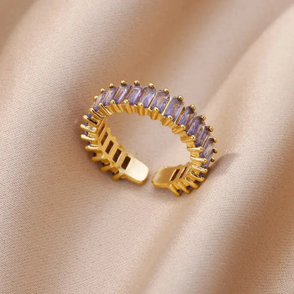 Colorful Cubic Zircon Ring for Women Stainless Steel Gold Color Open Ring Vintage Boho Wedding Party Jewelry Gift Accessories