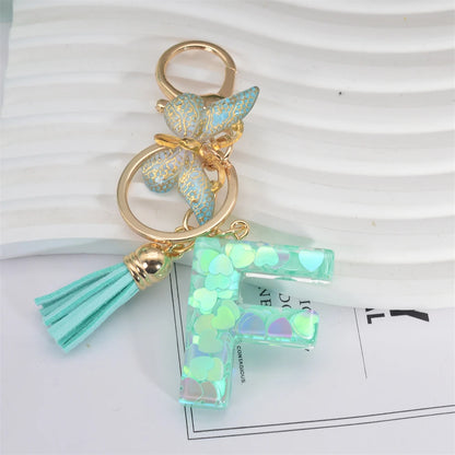 Fashion Green Tassel Butterfly 26Letter Keychain Heart-shaped Sequin Filled Resin Alphabet Keyring for Women Car Handbag Pendant