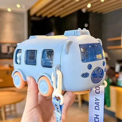 500ml Cute Portable Water Bottle With Shoulder Strap Kids Car Straw Water Cup Bus Shape Children's Water Bottle Drinking Cup