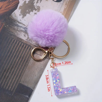 A-Z 26 Alphabet Letter keychain resin star sequin key ring cute purple plush ball keychain women's bag pendant fashion gift