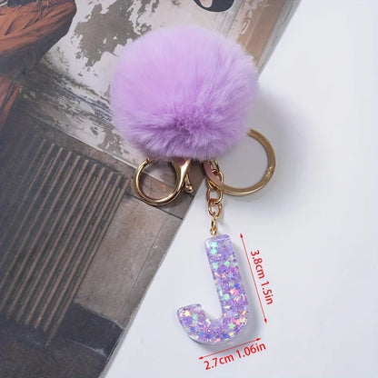 A-Z 26 Alphabet Letter keychain resin star sequin key ring cute purple plush ball keychain women's bag pendant fashion gift